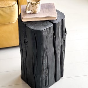 Dark Reclaimed Wood Side Table – Rustic Stump Table – Black Barn Beam Accent Table – Farmhouse Nightstand – Handmade Solid Wood End Table image 1