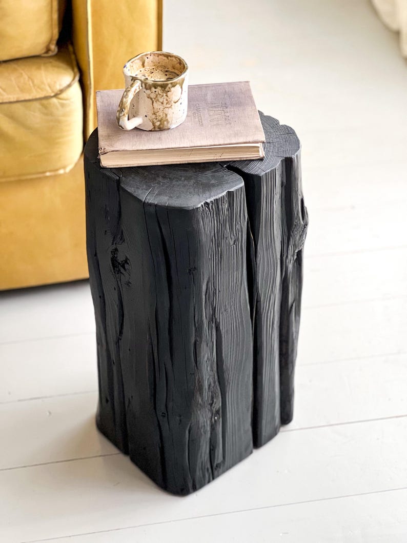 Dark Reclaimed Wood Side Table – Rustic Stump Table – Black Barn Beam Accent Table – Farmhouse Nightstand – Handmade Solid Wood End Table image 1