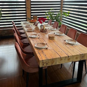 Old beams dining table black steel legs modern country rustic style organic barn wood reclaimed light solid wood massive table MFW design