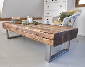 Vieilles poutres table basse pieds en acier argenté industriel rustique style loft de campagne organique récupéré solide bois de grange naturel massif MFW design