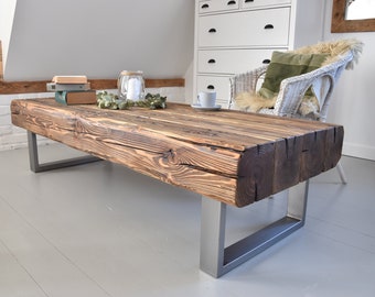 Old beams coffee table silver steel legs industrial rustic country loft style organic reclaimed solid natural barn wood massive MFW design