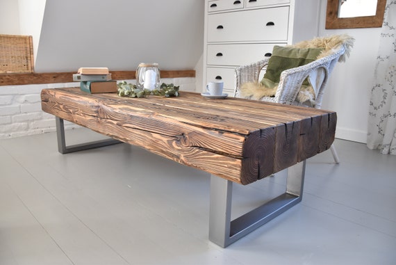 Old Beams Coffee Table Silver Steel Legs Industrial Rustic Country Loft Style Organic Reclaimed Solid Natural Barn Wood Massive MFW Design Etsy
