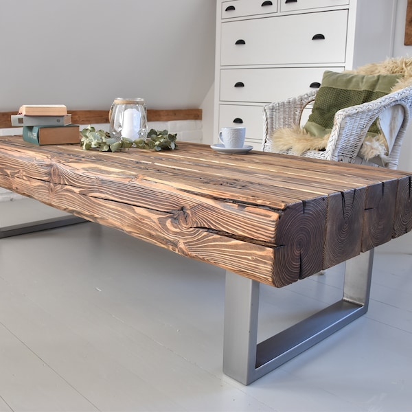 Vieilles poutres table basse pieds en acier argenté industriel rustique style loft de campagne organique récupéré solide bois de grange naturel massif MFW design