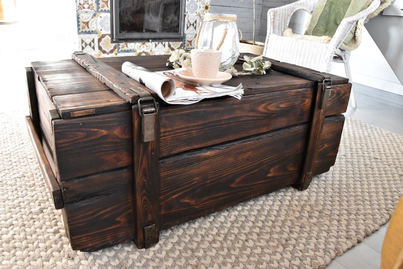 Old chest box vitage military coffee table rustic country style organic redesign reclaimed solid pine dark wood on wheles massive MFWdesign image 3