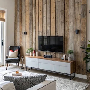 May include: A wall covered in vertical reclaimed wood planks featuring a flat-screen television mounted above a long media console with white drawers, a wood-toned top, and a black metal frame, positioned in a living room space.