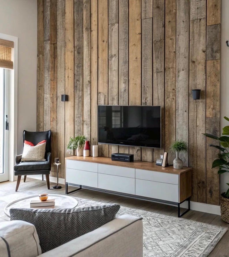 May include: A wall covered in vertical reclaimed wood planks featuring a flat-screen television mounted above a long media console with white drawers, a wood-toned top, and a black metal frame, positioned in a living room space.