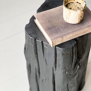 Dark Reclaimed Wood Side Table – Rustic Stump Table – Black Barn Beam Accent Table – Farmhouse Nightstand – Handmade Solid Wood End Table image 3