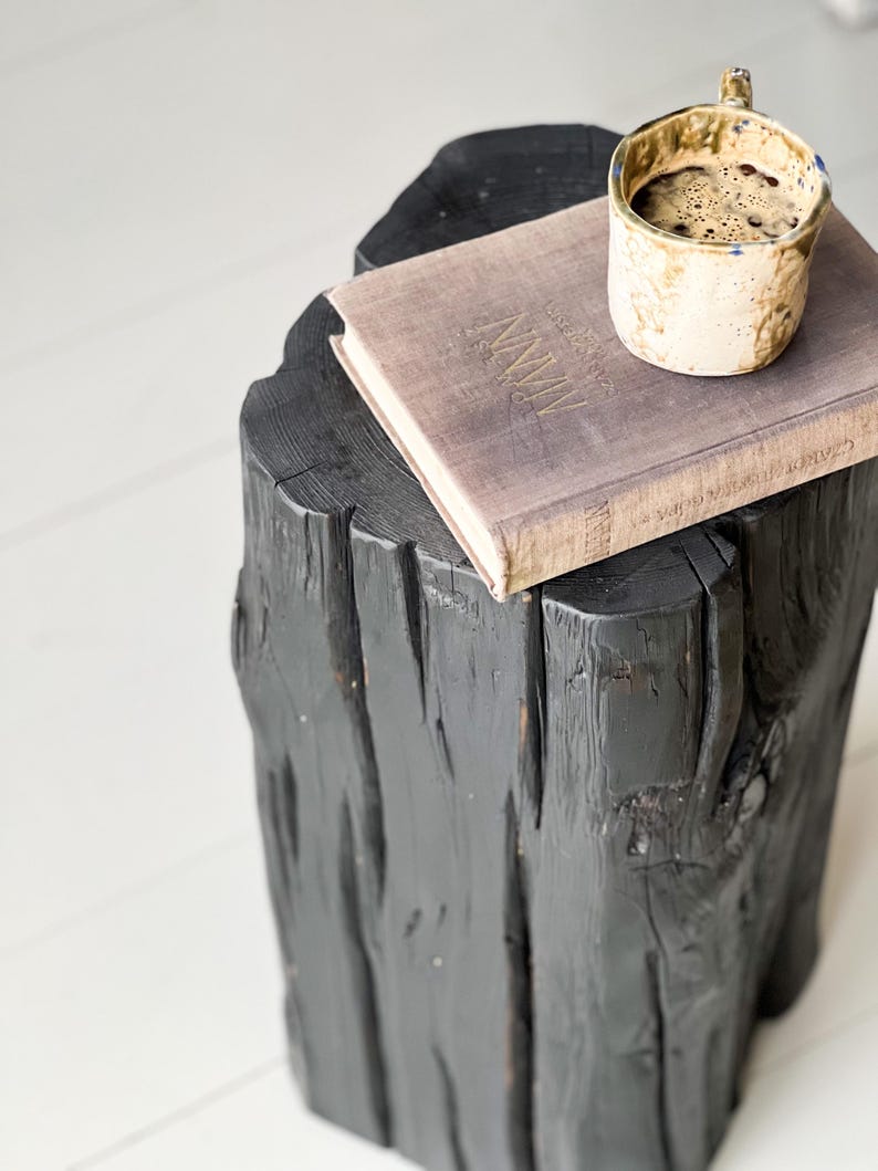 Dark Reclaimed Wood Side Table – Rustic Stump Table – Black Barn Beam Accent Table – Farmhouse Nightstand – Handmade Solid Wood End Table image 3