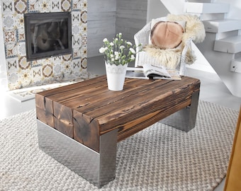 Old beams coffee table silver legs rustic style organic barn wood reclaimed solid wood steel massive table dark brown table thick beams MFW