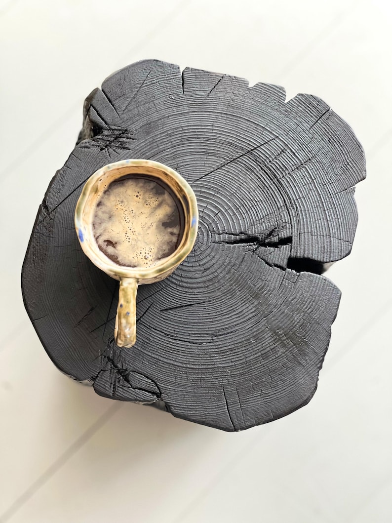 May include: A ceramic mug with a speckled beige and blue glaze filled with dark coffee, resting on a large, circular, charred black wooden log slice that displays prominent natural wood grain rings and a deep structural crack.