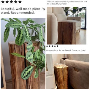 May include: A cylindrical wooden stool or plant stand crafted from a natural log with a visible vertical grain and textured bark-like surface. The piece features a deep brown finish and a flat top surface, shown supporting a green prayer plant.
