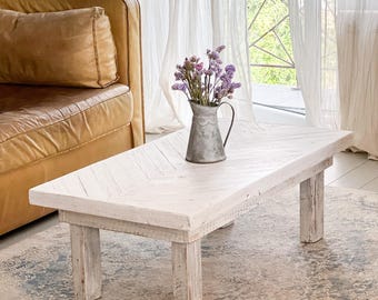 Rustic Whitewashed Coffee Table | Handmade Wooden Farmhouse Table | Provence Style Living Room Table | Reclaimed Wood Low Table | herringbon