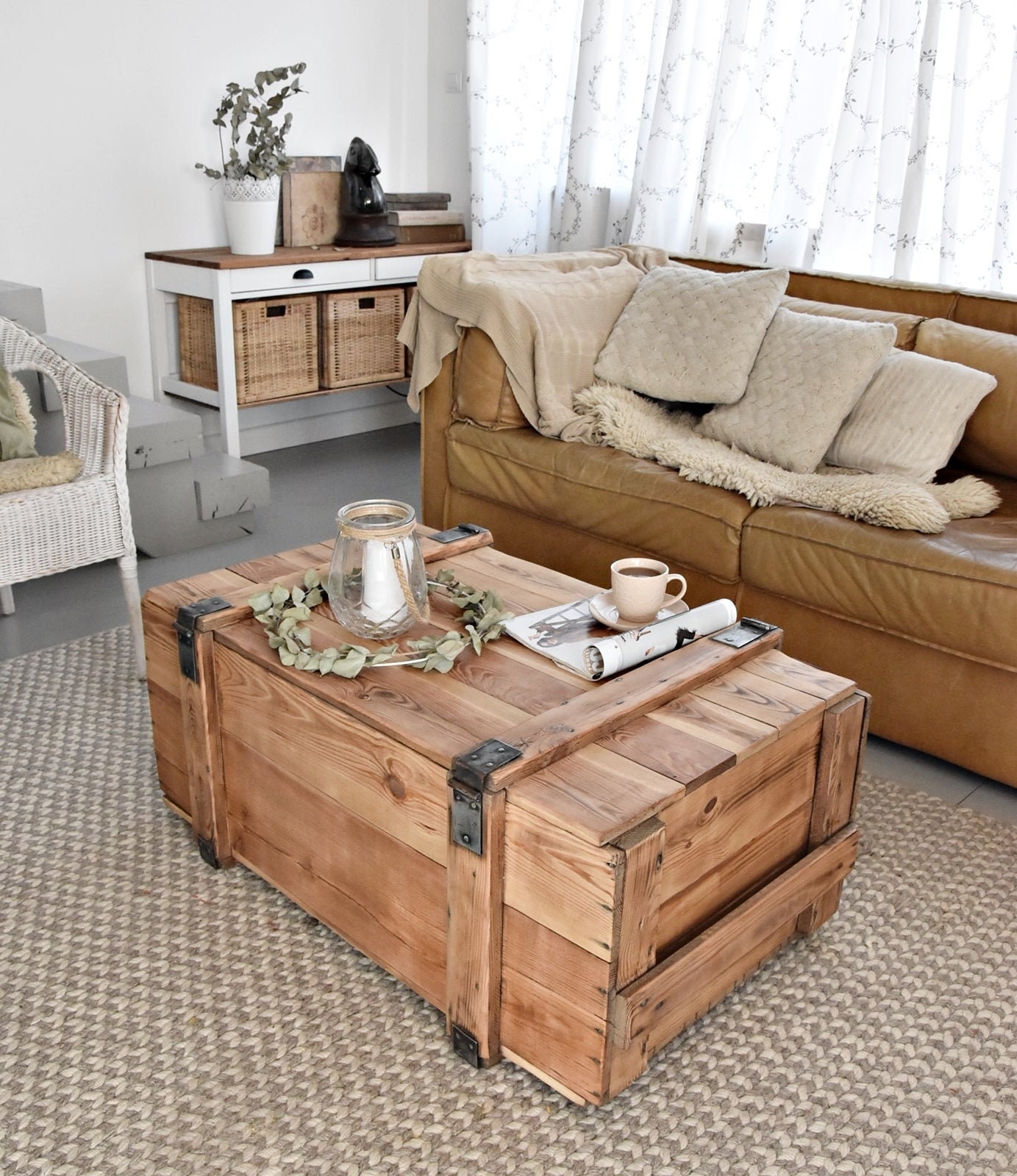 Old Chest Box Army Box Coffee Table Rustic Style Organic Reclaimed Solid Light Wood on Wheles Massive Table Military Farmhouse MFW Design Etsy