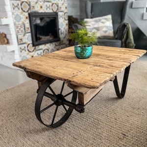 Coffee table made of an old industrial cart top made of old wood, recycled boards, industrial loft, modern farm house style uniqe wood MFW