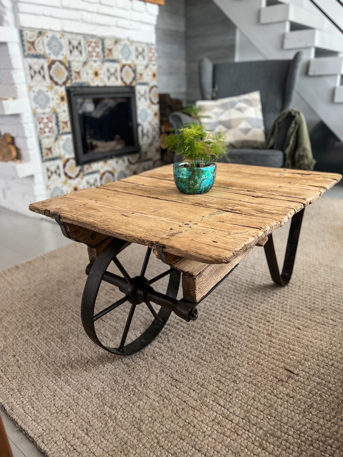 Coffee Table Made of an Old Industrial Cart Top Made of Old Wood