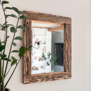 Rustic Mirror with Reclaimed Wood Frame – Handmade Square Wall Mirror – Japandi Minimalist Style – Natural Aged Wood Decor