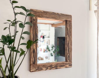 Rustic Mirror with Reclaimed Wood Frame – Handmade Square Wall Mirror – Japandi Minimalist Style – Natural Aged Wood Decor