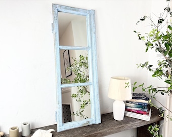 Old Window rustic Frame Mirror Reclaimed Wood beams Mirror light blue Pastel Farmhouse Wall Mirror Wabi Sabi French Country Decor 116x44 cm