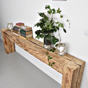 Old beam console table unique old wood rustic style table loft organic reclaimed barn entryway table natural rugged wood japandi style