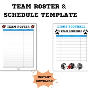 Editable Sports Team Game Schedule and Team Roster Printable Template Football Soccer Basketball Cheer