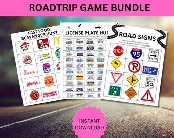 Road Trip-gamebundel. Afdrukbare roadtripgames. Afdrukbare spelletjes voor kinderen. Houd drukke roadtrip-games. Nummerplaat, verkeersborden, fastfood