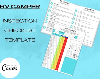 May include: A printable RV camper inspection checklist template with a green, yellow, and red color-coded chart. The checklist includes areas to inspect, such as the exterior, interior, and mechanical systems. The template also includes a section for owner information and contact details.