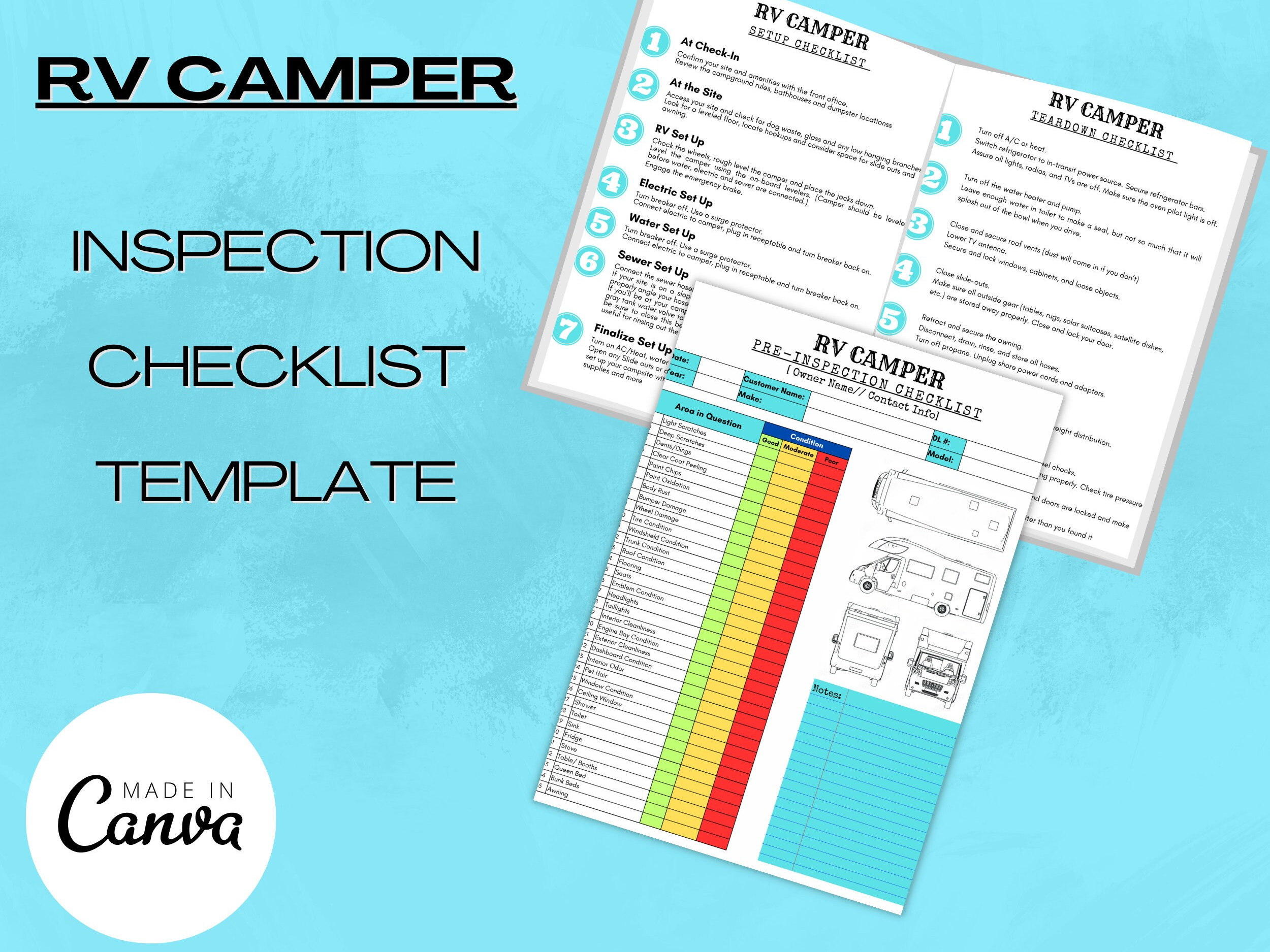 RV CAMPER Inspection Checklist, Teardown Checklist, Setup Checklist