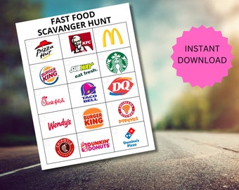 Roadtrip-spel. Afdrukbare roadtripgames. Fastfood-speurtochtspel. Afdrukbare games voor kinderen
