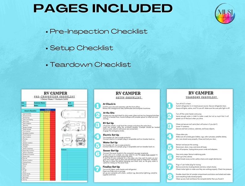 RV CAMPER Inspection Checklist, Teardown Checklist, Setup Checklist