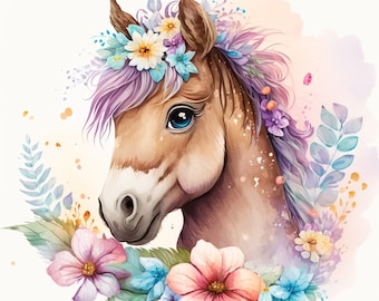 Horse Watercolor Clipart Nursery Decor Baby Pony Clipart Cute Baby Animal Watercolor Horse Flowers Watercolor Wall Decor DIGITAL DOWNLOAD