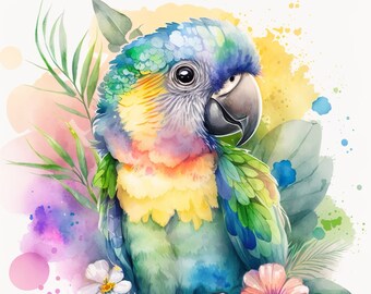 水彩画　鳥　「密林の宝石」　〜溢れる生命力〜 オウムの水彩画クリップアート 保育園の装飾 オウムの水彩画 かわいい