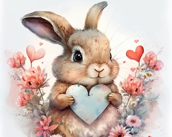 Lapin aquarelle clipart décoration de chambre d'enfant bébé lapin aquarelle mignon bébé animal fleurs aquarelle lapin avec coeur clipart - TÉLÉCHARGEMENT NUMÉRIQUE
