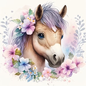 Horse Watercolor Clipart Nursery Decor Baby Pony Clipart Cute Baby Animal Watercolor Horse Flowers Watercolor Wall Decor DIGITAL DOWNLOAD