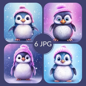 Pingouin aquarelle Clipart 6 JPG pépinière Decor pingouin avec chapeau aquarelle mignon Animal hiver aquarelle carte de Noël-téléchargement numérique