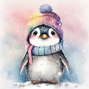 Pingüino acuarela Clipart vivero decoración pingüino con sombrero acuarela lindo Animal invierno acuarela imágenes prediseñadas tarjeta de Navidad -DESCARGA DIGITAL