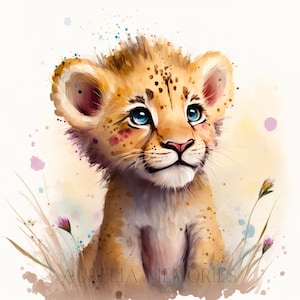 León acuarela Clipart vivero decoración bebé León acuarela lindo bebé Animal acuarela Clipart León Clipart pared decoración-descarga DIGITAL