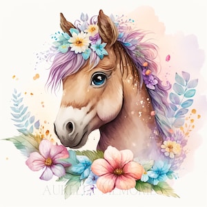 Caballo acuarela Clipart vivero decoración bebé Pony Clipart lindo bebé Animal acuarela caballo flores acuarela pared decoración DIGITAL descargar