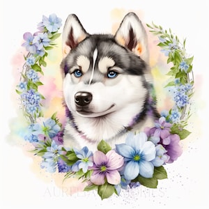 Husky Watercolor Clipart Nursery Decor Husky Dog Watercolor Cute Baby Husky Puppy Flowers Watercolor Clipart Wall Decor -DIGITAL DOWNLOAD
