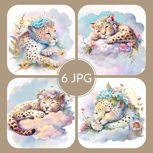 Op de afbeelding: Vier digitale illustraties van een cheeta-welpje dat een bloemenkrans draagt en slaapt op een wolk. De cheeta-welpjes zijn omringd door bloemen en hebben een zachte, aquarelachtige uitstraling.