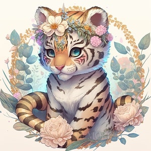 Tiger Watercolor Clipart Nursery Decor Baby Tiger Watercolor Cute Baby Animal Flowers Watercolor Clipart Wall Decor -DIGITAL DOWNLOAD