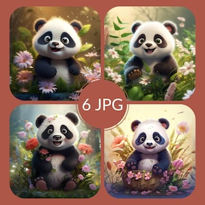 Cute Panda Bear Clipart 6 JPG Nursery Decor Baby Panda Cute Baby Animal Floral Clipart Wall Decor Panda Illustration -DIGITAL DOWNLOAD