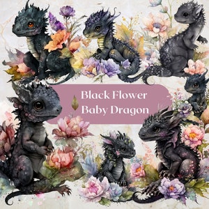 Dragon noir aquarelle Clipart 8 fichiers PNG Animal Dragon Clipart Dragon png fleurs aquarelle Dragon aquarelle Art - téléchargement numérique