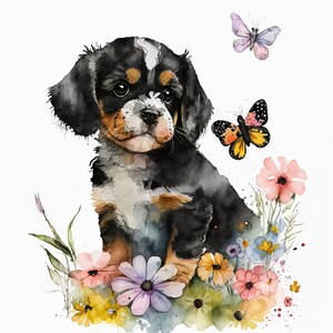 Entzückender Hund in Aquarell Blumen Clipart - Digitale Download-Datei für Wanddekoration, Tierliebhaber, Naturfreunde Baby Hund Watercolor