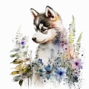 Husky único en imágenes prediseñadas de flores de acuarela - Archivo de descarga digital para decoración de pared, amantes de los animales, amantes de la naturaleza bebé perro Husky