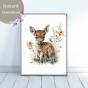 Cute Deer Watercolor Clipart - Digital Download for Baby Room Wall Decor - Floral Bambi Wall Art - Baby Deer Watercolor Illustration