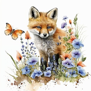 Schattige vos in bloemen aquarel clipart - digitaal downloadbestand voor babykamermuurdecoratie vos aquarel baby vossen bloem aquarel