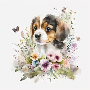Sanfter Hund in Blumen Aquarell Clipart - Digitale Download-Datei für Wanddekoration Hund Watercolor Floral Design Baby Hund Kunst