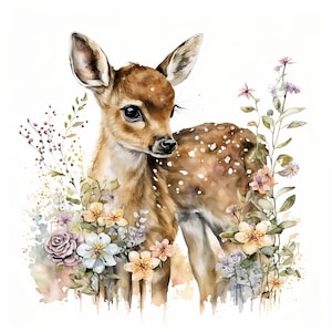 Zartes Reh in Aquarell Blumen Clipart - Digitale Download-Datei für Wanddekoration, Kinderzimmer, Tierliebhaber, Naturfreunde Baby Reh