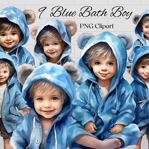 Kleine jongens in blauwe badjas Clipart 9 PNG-bestanden aquarel schattige kinderen Clipart badkamer illustratie - DIGITALE DOWNLOAD