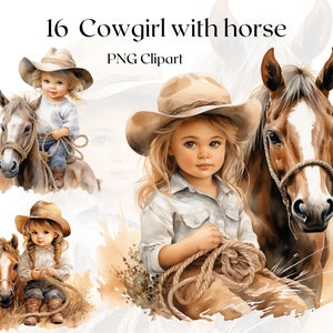 Cowgirl mit Pferd Clipart 16 PNG Dateien Aquarell Süßes Cowgirl Pferd Clipart Wilder Westen Illustration Mädchen Junk Journal Scrapbooking